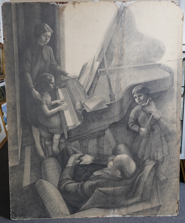David Smith (British, 1930-1999), Family music recital, oil on hard board, 164 x 120cm